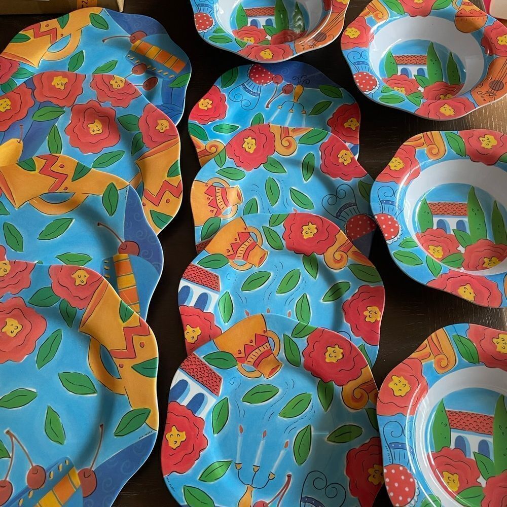 Trudeau Dee Perry Colorful Orange and Blue Melamine Dishes service for 4